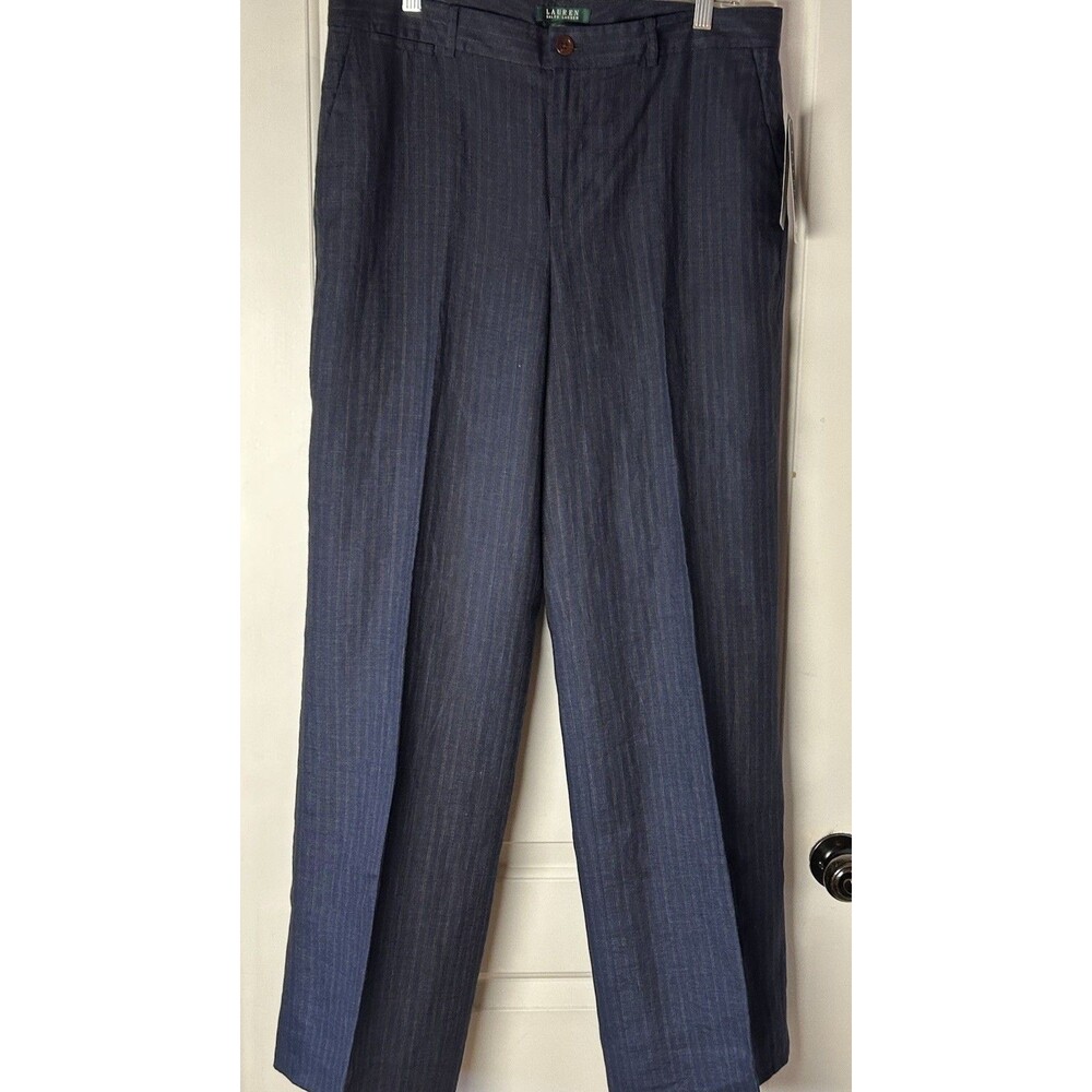 Lauren Ralph Lauren Navy Pinstripe Linen Andover Wide Leg Pant Lined Size 14 NOS